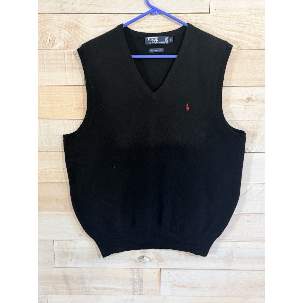 Polo Ralph Lauren Black Sweater Vest Men's LG VTG Italian Yarn 100% Lambswool